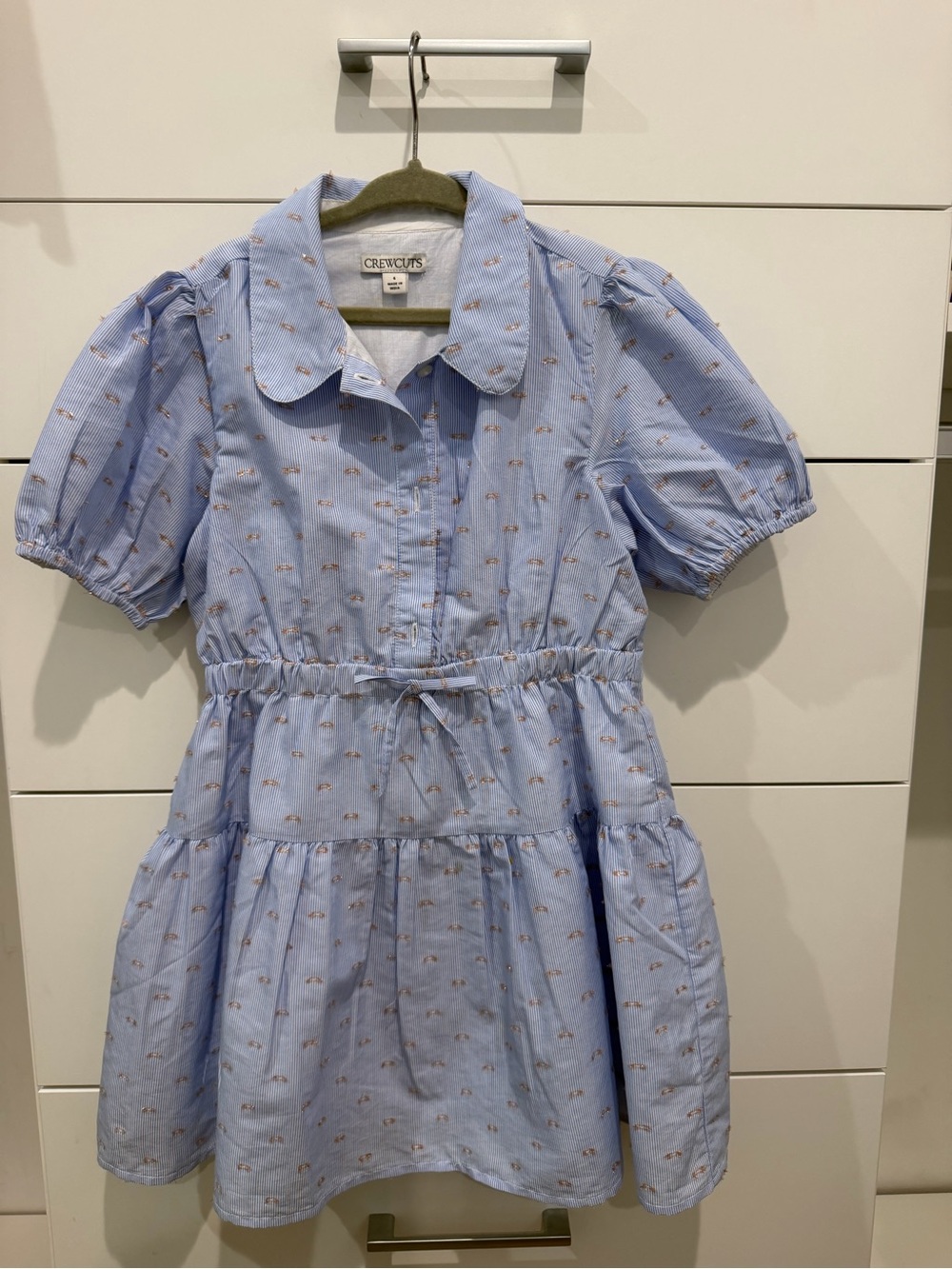 Crewcuts Light Blue Puff Sleeve Cotton Dress with Drawstring Waist